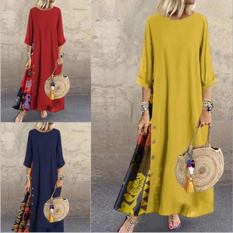 Green 7-Point Sleeve Summer Dress with Printed Scarf