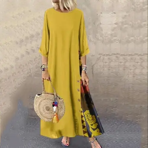 Green 7-Point Sleeve Summer Dress with Printed Scarf - Image 2