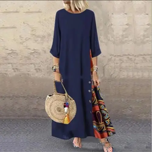 Green 7-Point Sleeve Summer Dress with Printed Scarf - Image 4