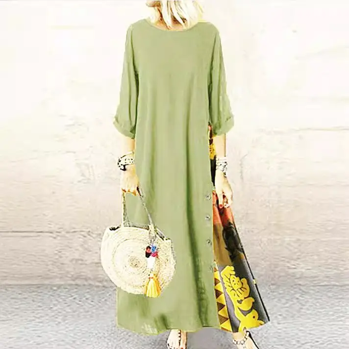 Green 7-Point Sleeve Summer Dress with Printed Scarf - Image 10