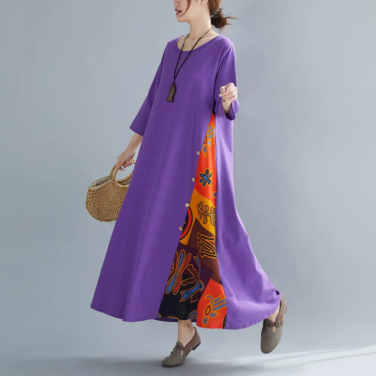 Green 7-Point Sleeve Summer Dress with Printed Scarf — feature 14