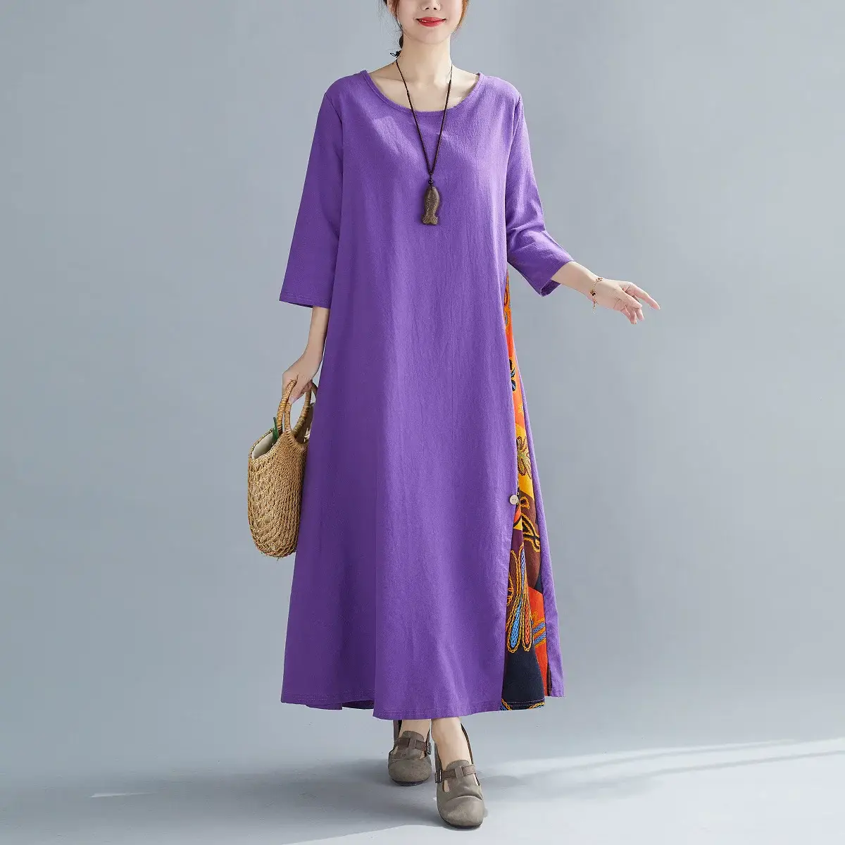 Green 7-Point Sleeve Summer Dress with Printed Scarf — feature 15