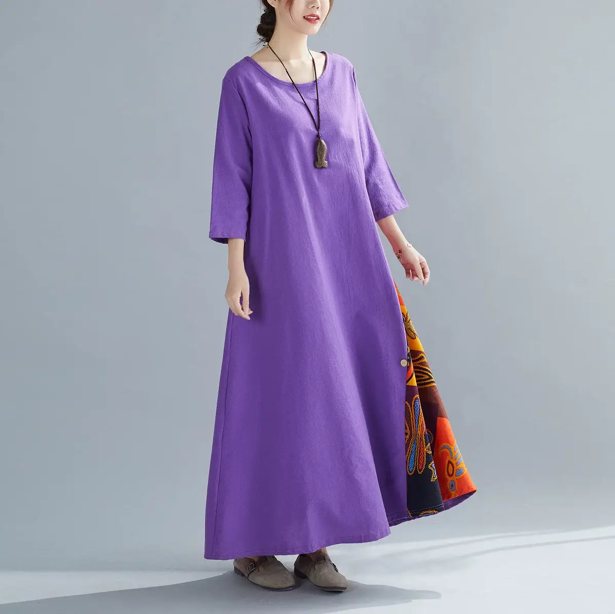 Green 7-Point Sleeve Summer Dress with Printed Scarf — feature 17