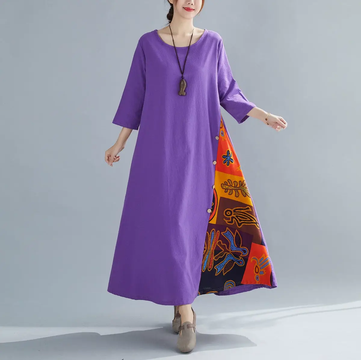 Green 7-Point Sleeve Summer Dress with Printed Scarf — feature 18