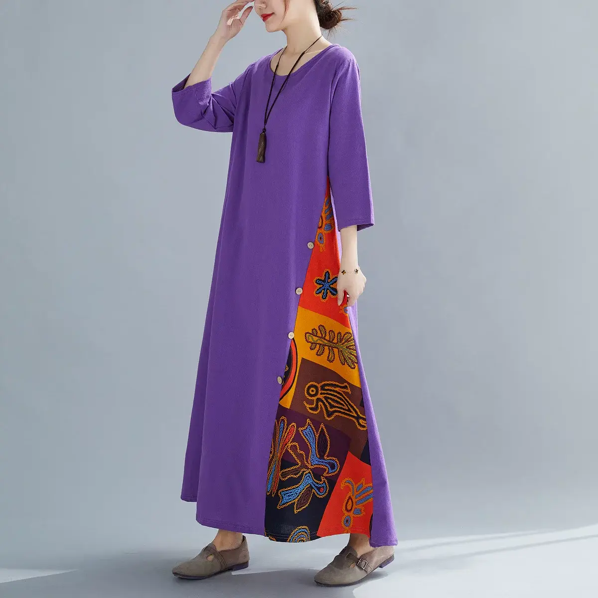 Green 7-Point Sleeve Summer Dress with Printed Scarf — feature 19