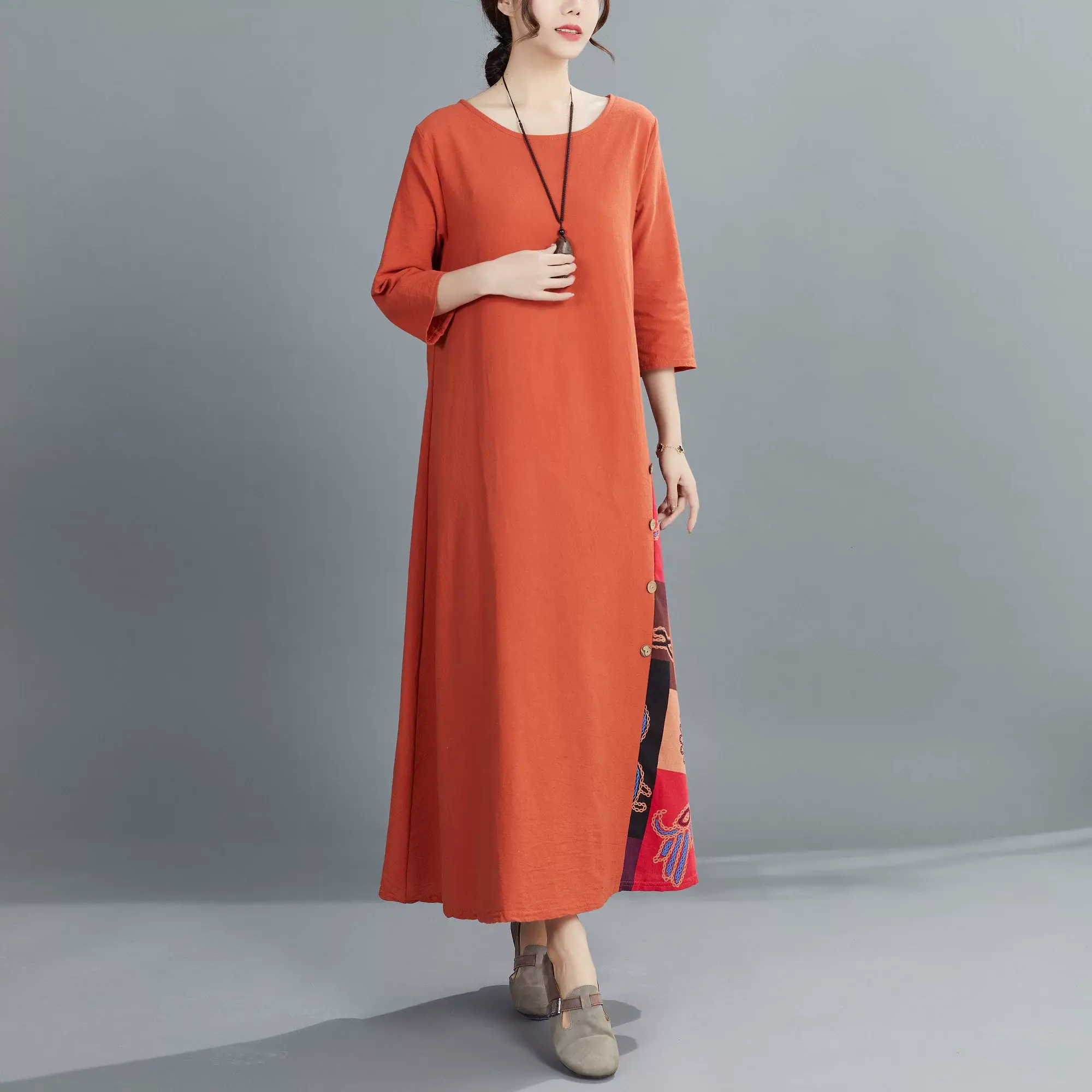 Green 7-Point Sleeve Summer Dress with Printed Scarf — feature 20