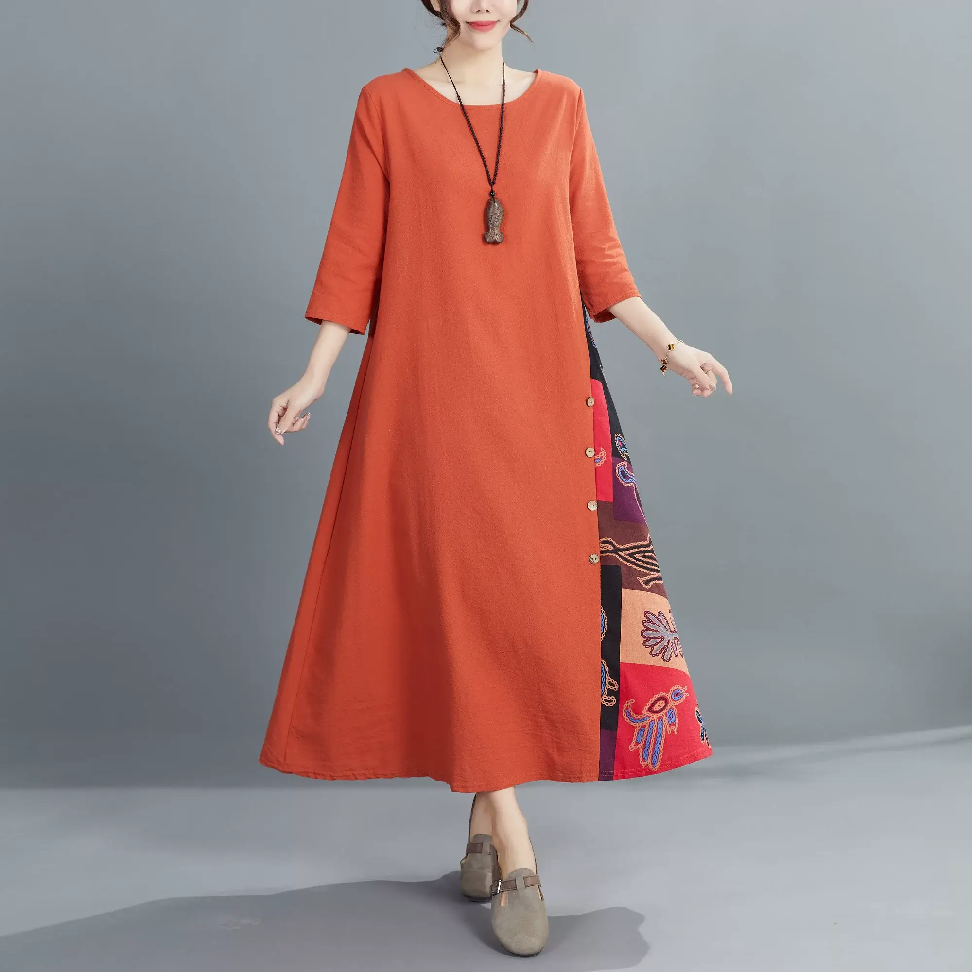 Green 7-Point Sleeve Summer Dress with Printed Scarf — feature 21