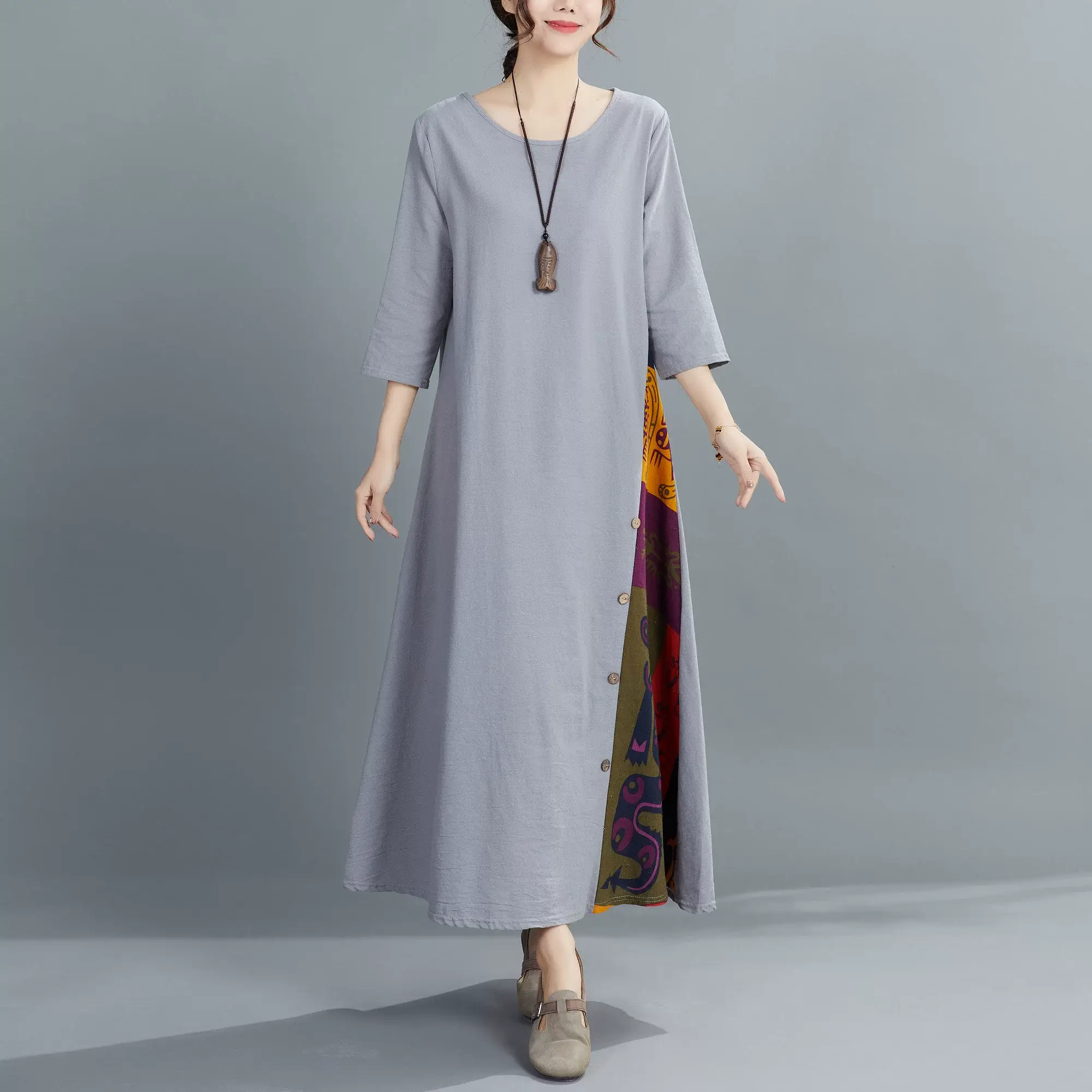 Green 7-Point Sleeve Summer Dress with Printed Scarf — feature 23