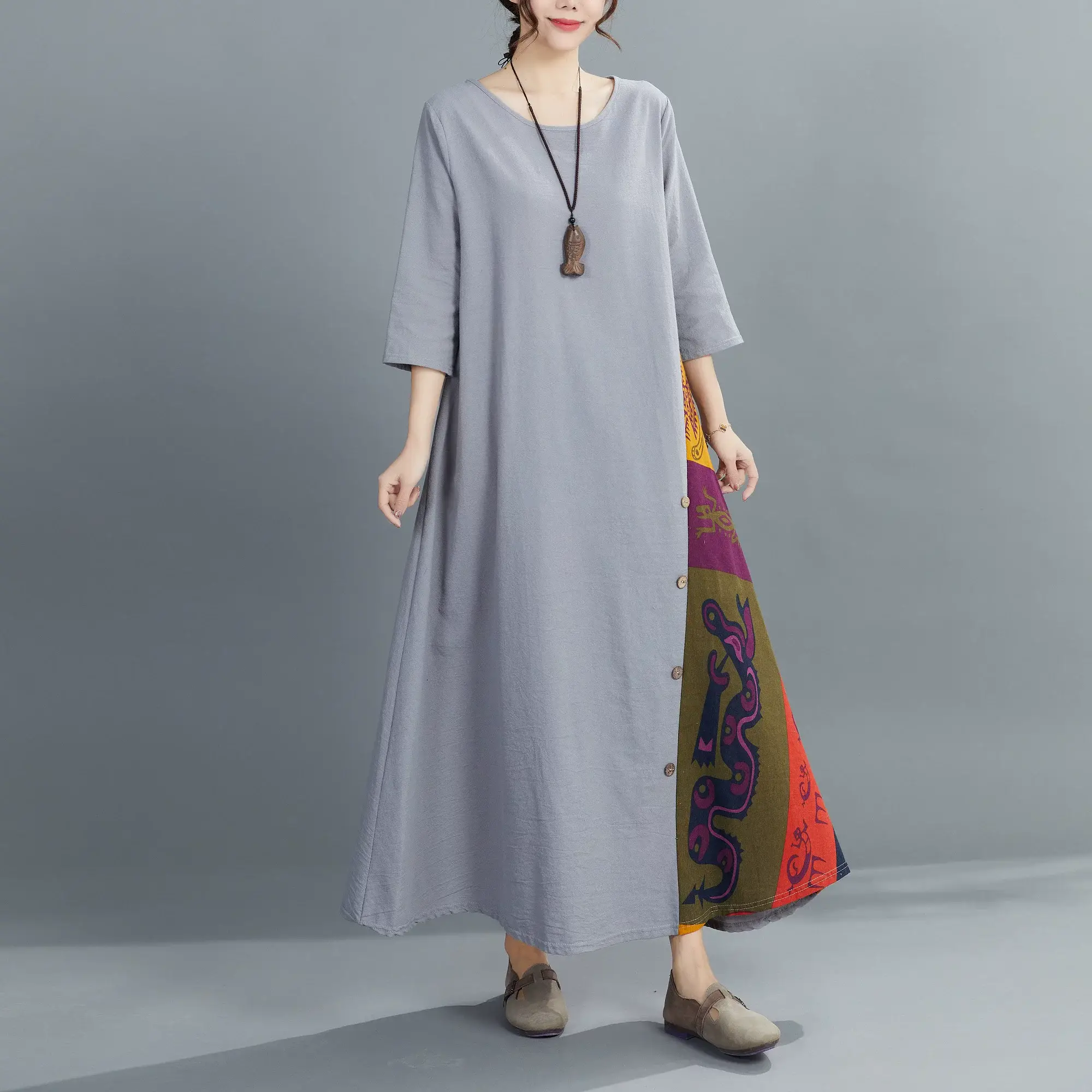 Green 7-Point Sleeve Summer Dress with Printed Scarf — feature 24