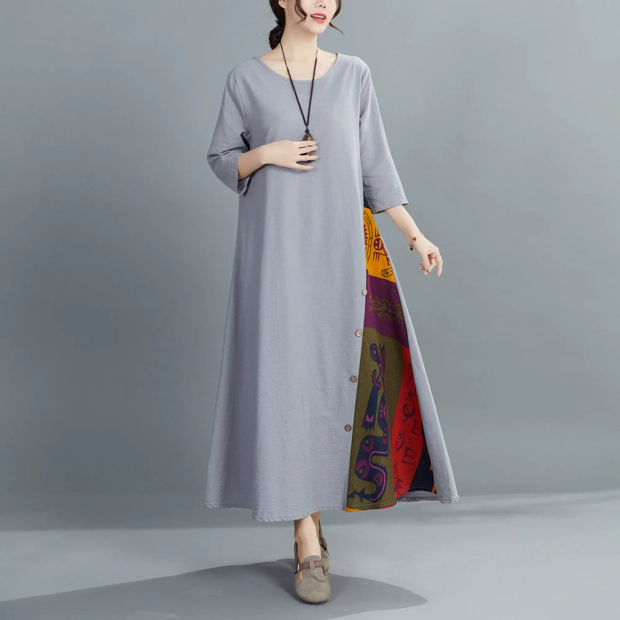 Green 7-Point Sleeve Summer Dress with Printed Scarf — feature 25