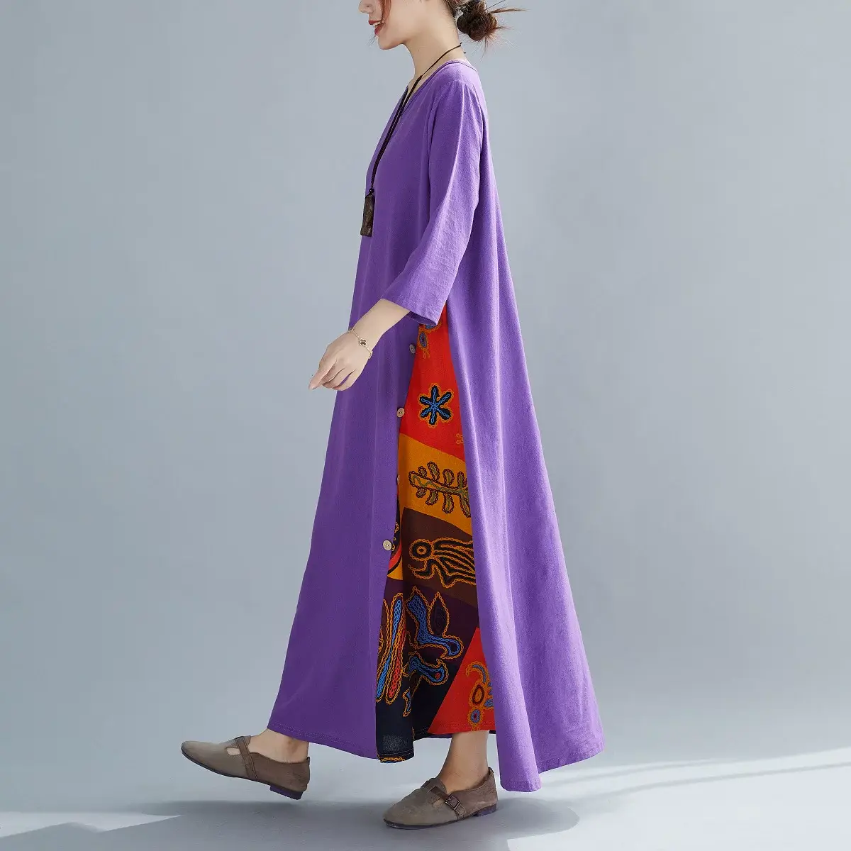 Green 7-Point Sleeve Summer Dress with Printed Scarf — feature 28