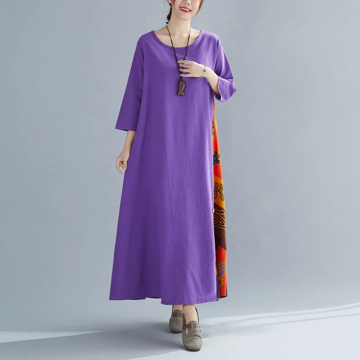 Green 7-Point Sleeve Summer Dress with Printed Scarf — feature 29