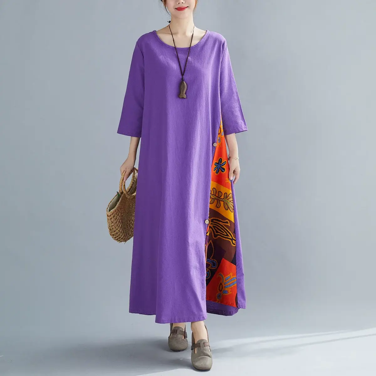 Green 7-Point Sleeve Summer Dress with Printed Scarf — feature 30