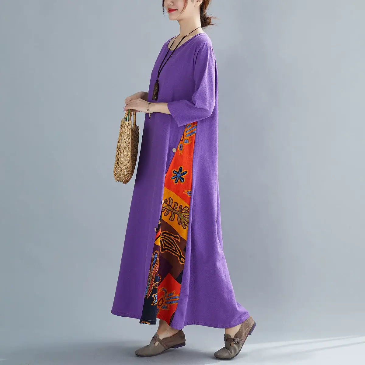 Green 7-Point Sleeve Summer Dress with Printed Scarf — feature 31