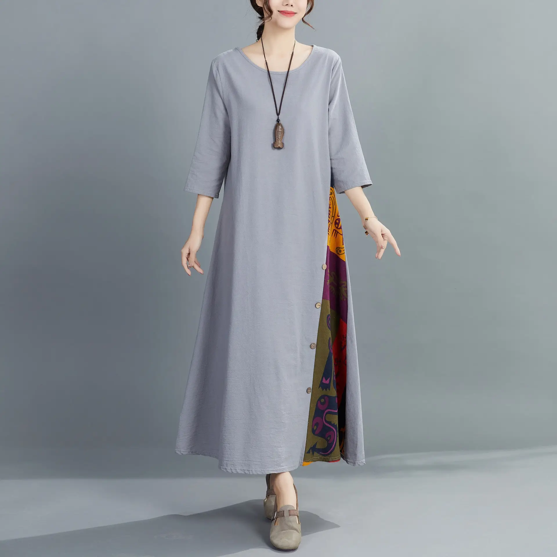 Green 7-Point Sleeve Summer Dress with Printed Scarf - Image 7