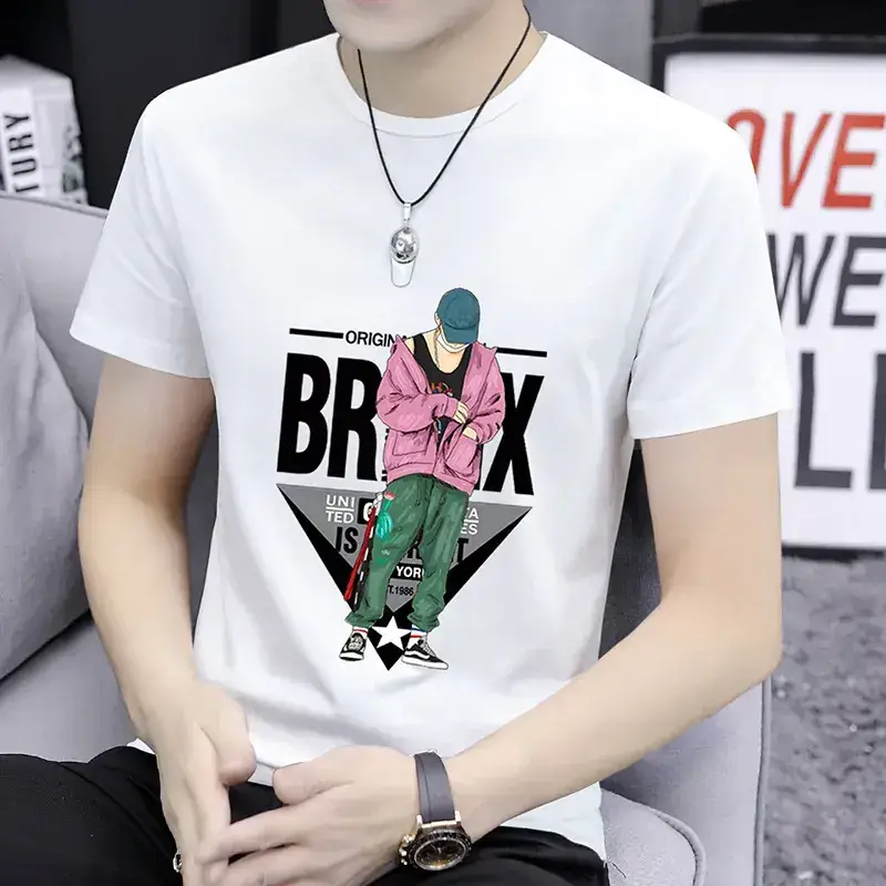 Men Printed T-Shirt Grey Summer Loose Fit - Image 10