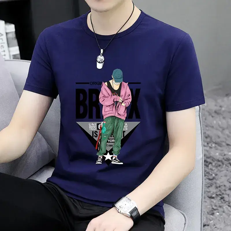 Men Printed T-Shirt Grey Summer Loose Fit - Image 11
