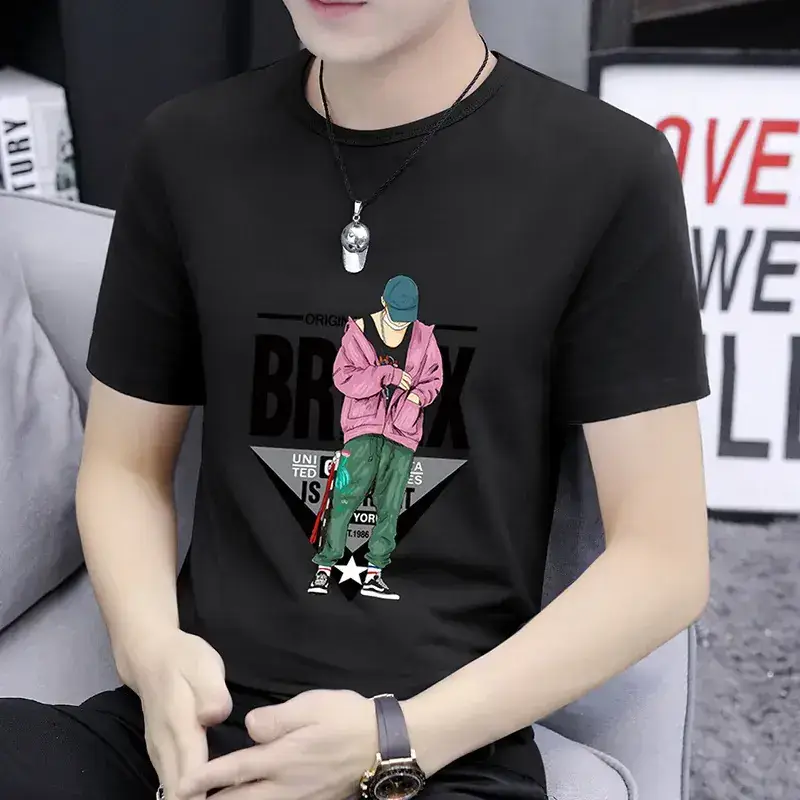 Men Printed T-Shirt Grey Summer Loose Fit - Image 12