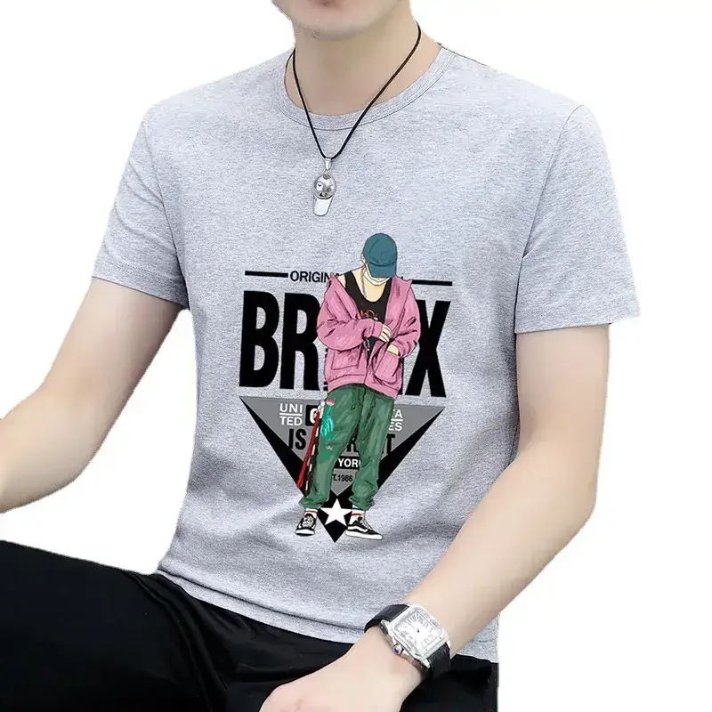 Men Printed T-Shirt Grey Summer Loose Fit - Image 13