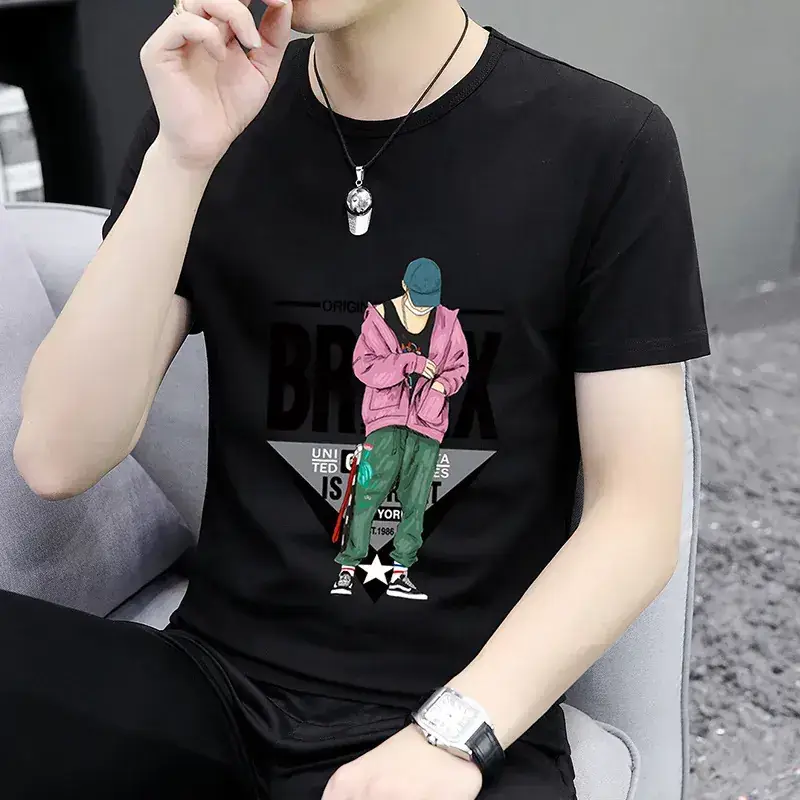 Men Printed T-Shirt Grey Summer Loose Fit - Image 2