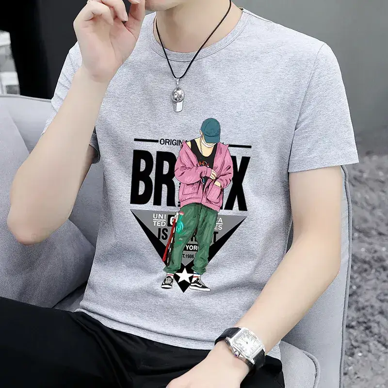 Men Printed T-Shirt Grey Summer Loose Fit - Image 3