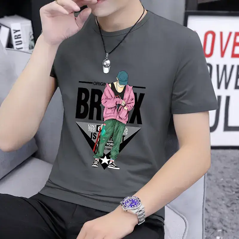 Men Printed T-Shirt Grey Summer Loose Fit - Image 4