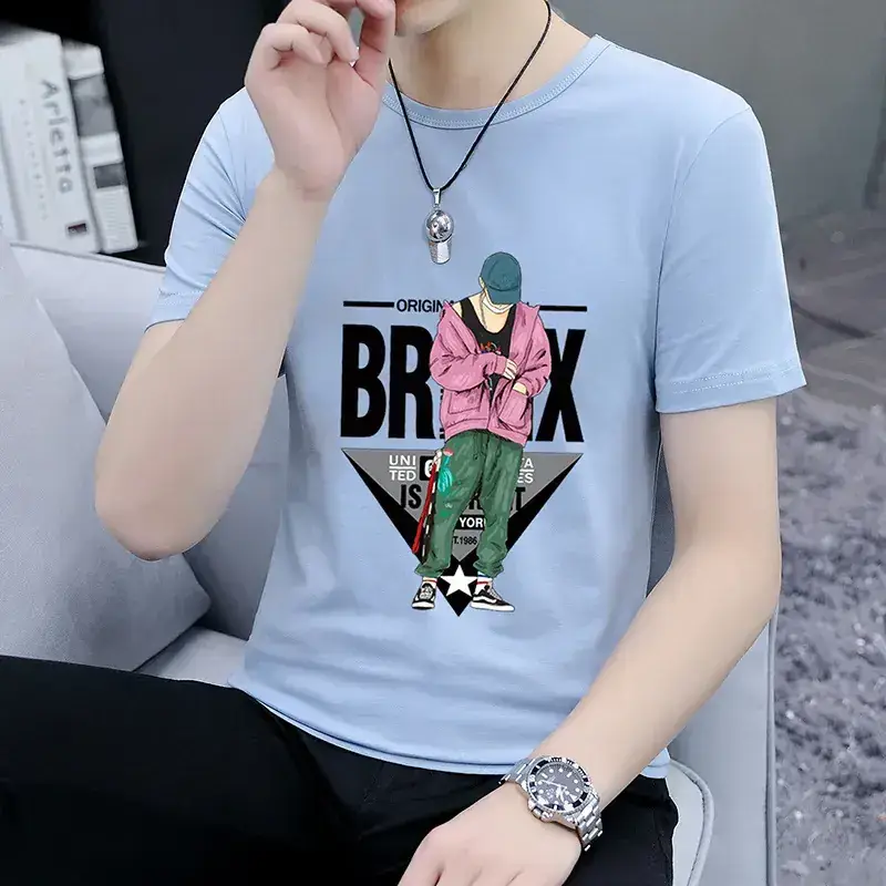Men Printed T-Shirt Grey Summer Loose Fit - Image 5