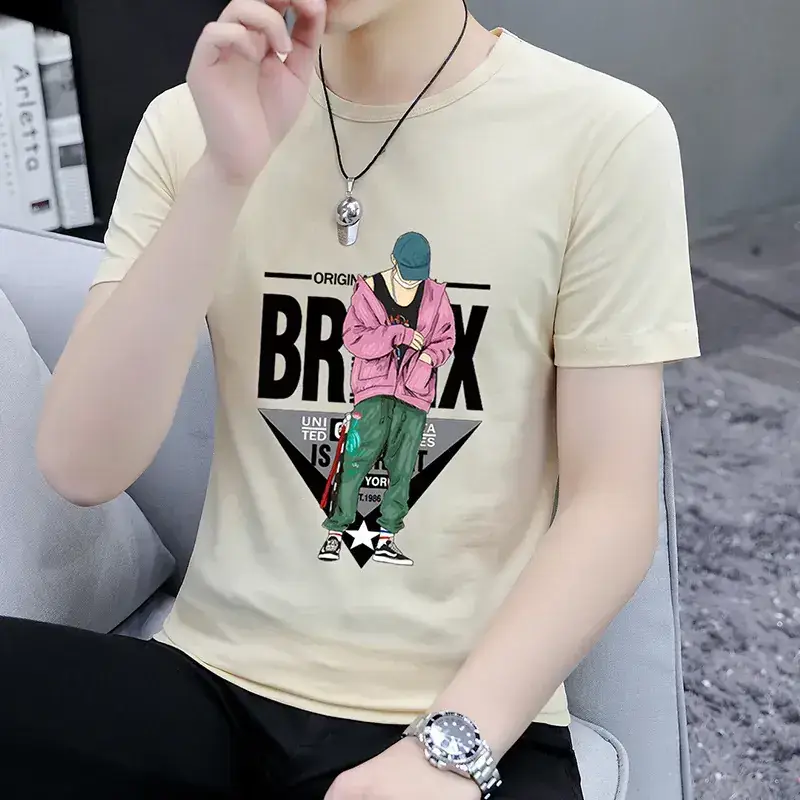 Men Printed T-Shirt Grey Summer Loose Fit - Image 6