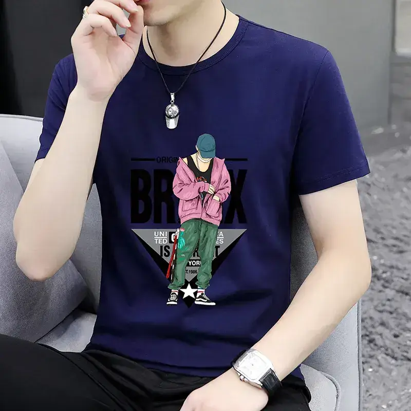 Men Printed T-Shirt Grey Summer Loose Fit - Image 7