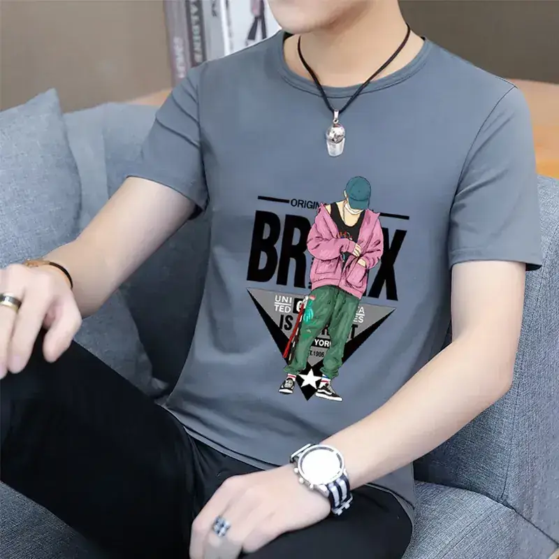 Men Printed T-Shirt Grey Summer Loose Fit - Image 8