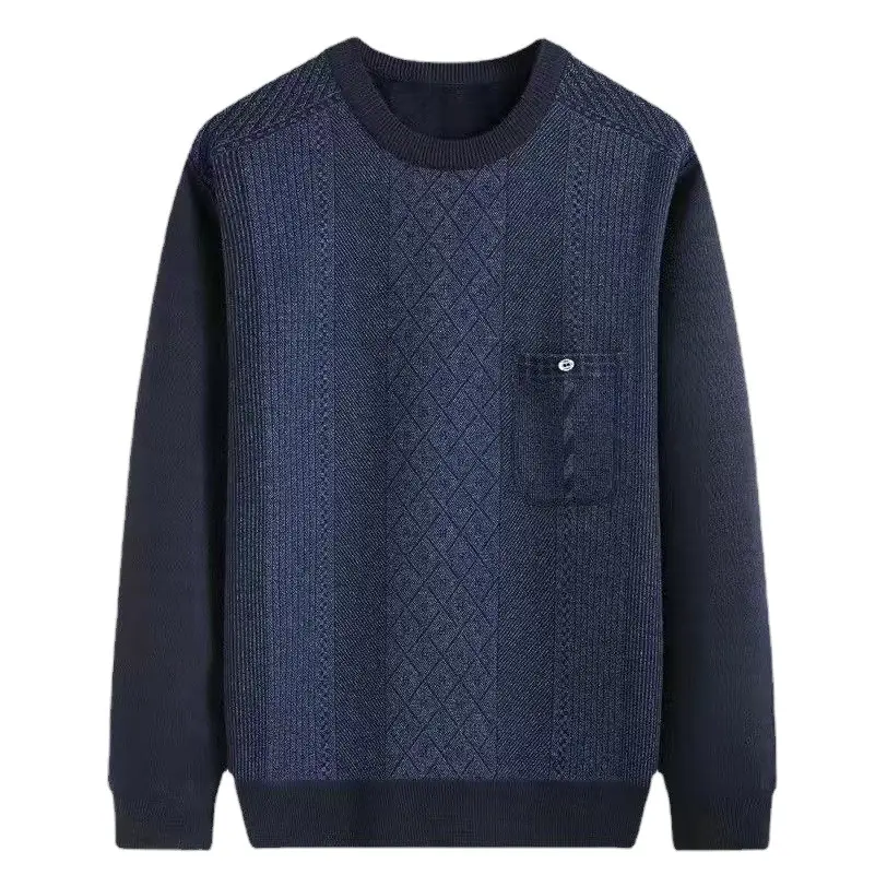 Men's Navy Blue Velvet Padded Round Neck Sweater