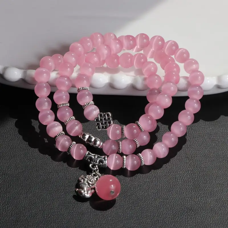 Pink Crystal Opal Bracelet Three Circle Cat Eye Design - Image 5