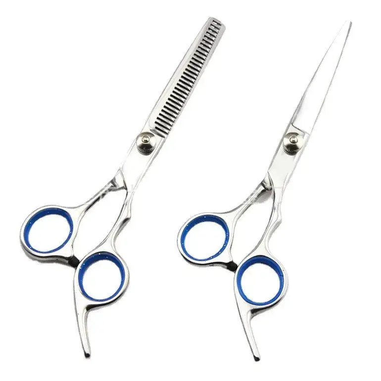 6.0-inch V-shaped polished hair scissors with blue grip