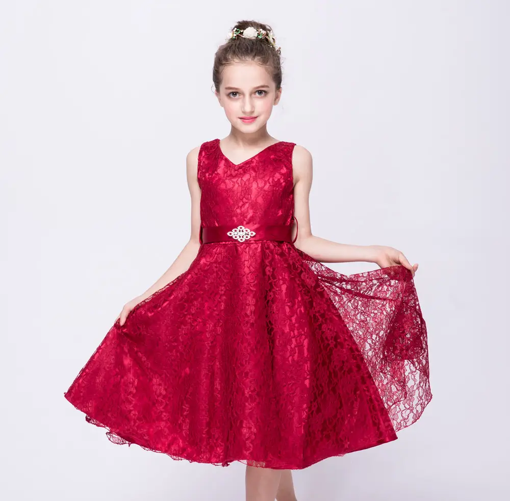 Girls Red Lace Evening Dress Sweetheart Princess Party Dress