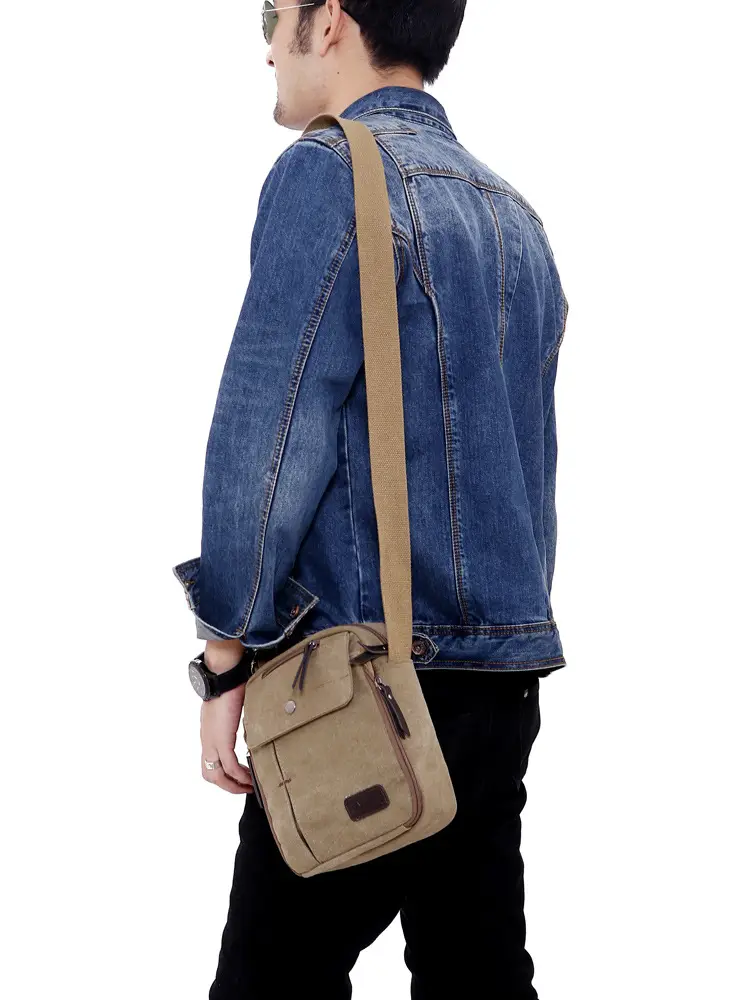 Men's Canvas Crossbody Bag Tan Multi-compartment Travel Bag - Image 6
