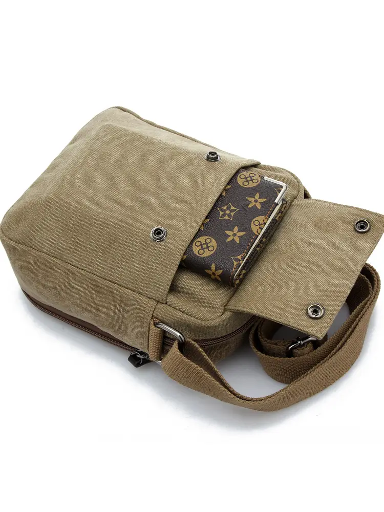 Men's Canvas Crossbody Bag Tan Multi-compartment Travel Bag - Image 8