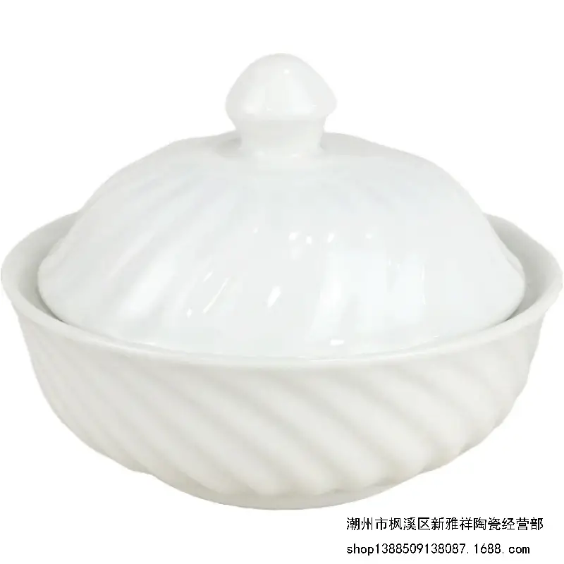 White Ceramic Ribbed Soup Bowl with Lid - Image 5