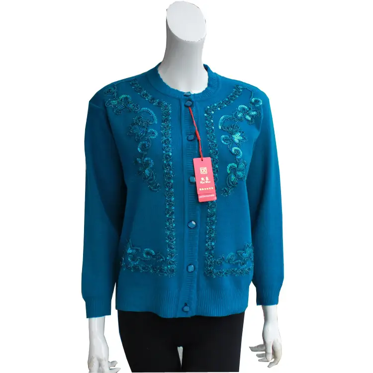 Women's Blue Embroidered Knit Jacket Spring Fall — feature 19