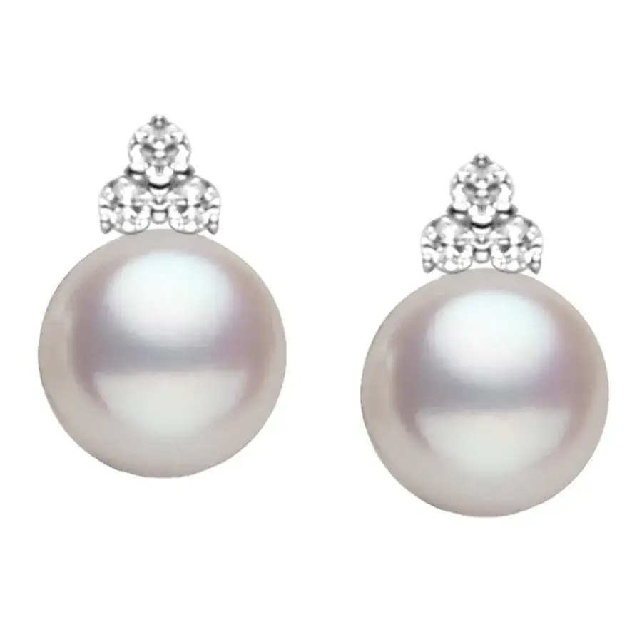 8.5mm Three Diamond Pearl Earrings for Women