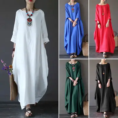 Blue Loose Fit Long Dress for Women Cotton Linen