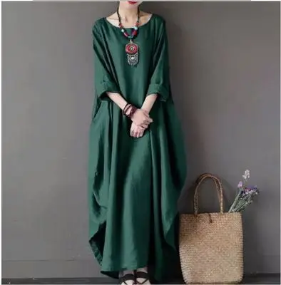 Blue Loose Fit Long Dress for Women Cotton Linen - Image 3