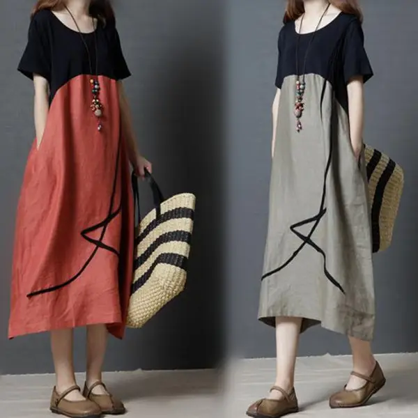 Summer Loose Cotton Linen Round Neck Dress Plus Size