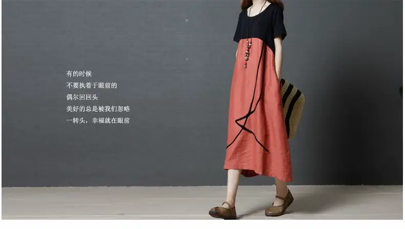 Summer Loose Cotton Linen Round Neck Dress Plus Size — feature 1