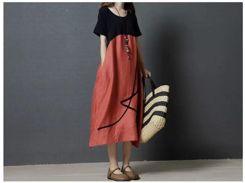Summer Loose Cotton Linen Round Neck Dress Plus Size — feature 10