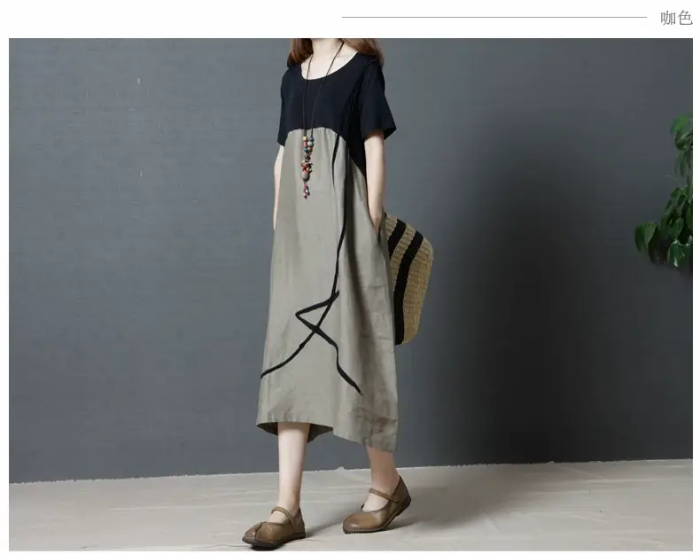 Summer Loose Cotton Linen Round Neck Dress Plus Size — feature 11