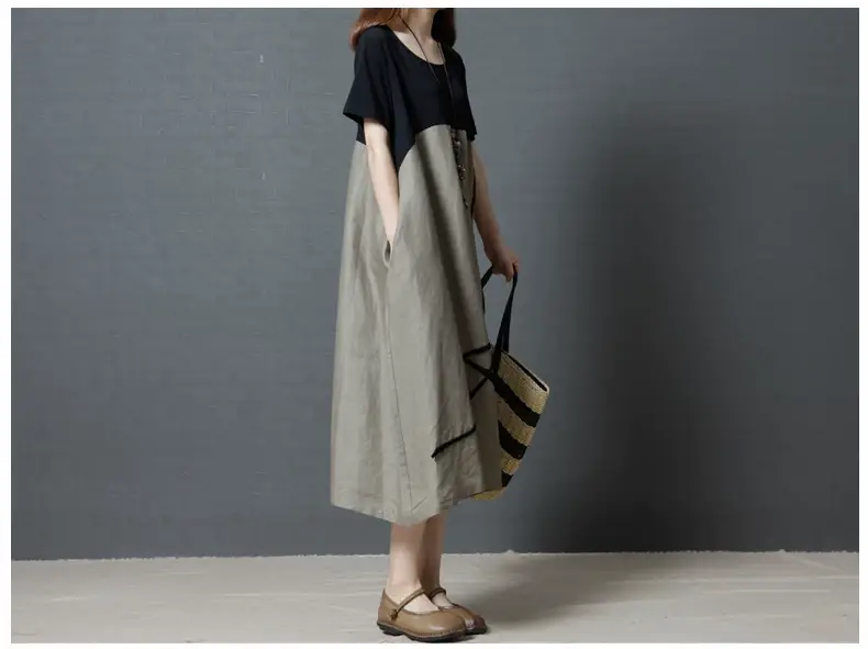 Summer Loose Cotton Linen Round Neck Dress Plus Size — feature 13