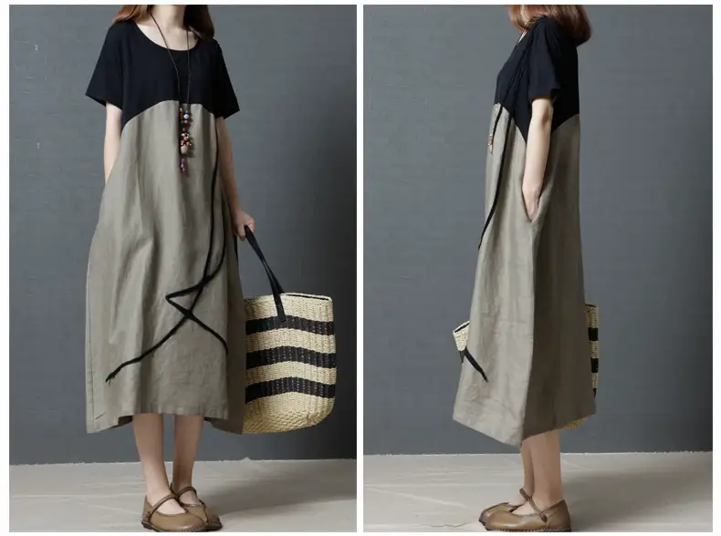 Summer Loose Cotton Linen Round Neck Dress Plus Size — feature 14