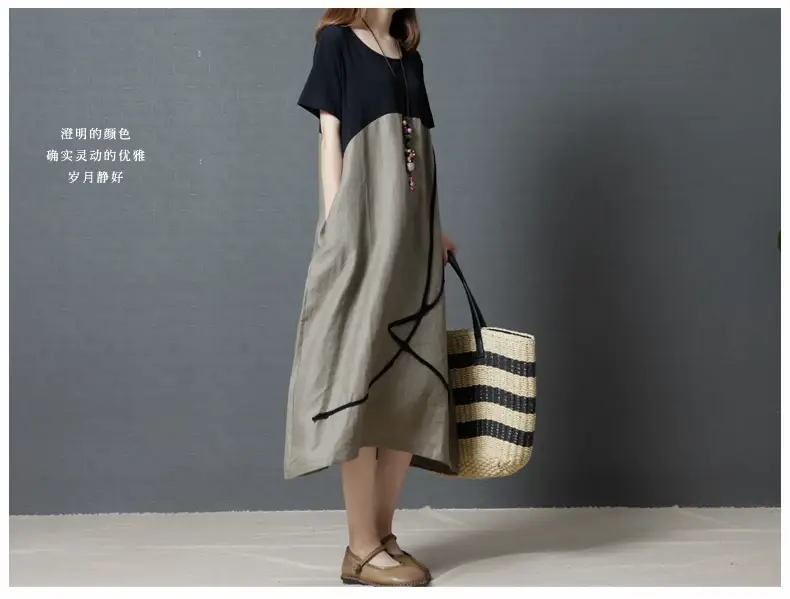 Summer Loose Cotton Linen Round Neck Dress Plus Size — feature 15