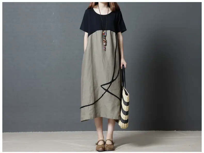 Summer Loose Cotton Linen Round Neck Dress Plus Size — feature 16