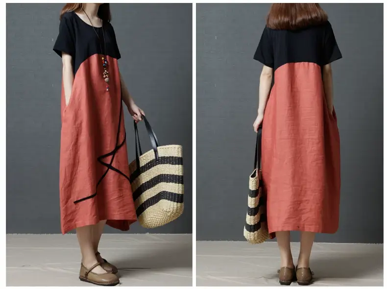 Summer Loose Cotton Linen Round Neck Dress Plus Size — feature 6